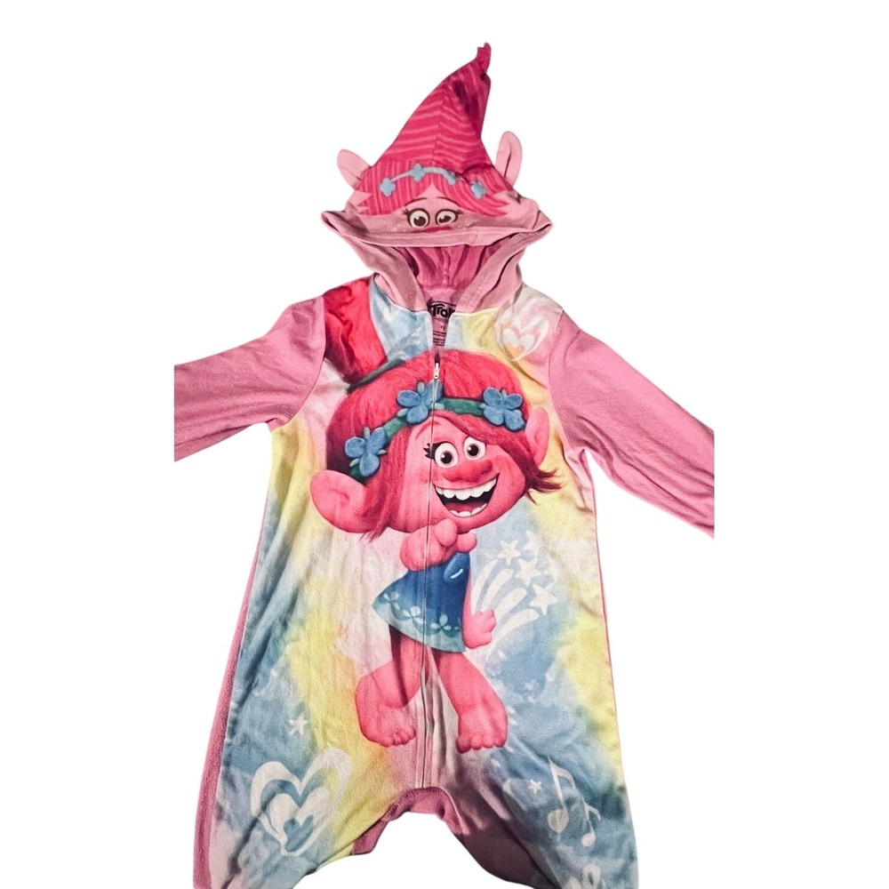 DreamWorks Trolls Union Suit Kids Size 10 Pink Poppy Hooded Fleece Sleeper PJs
